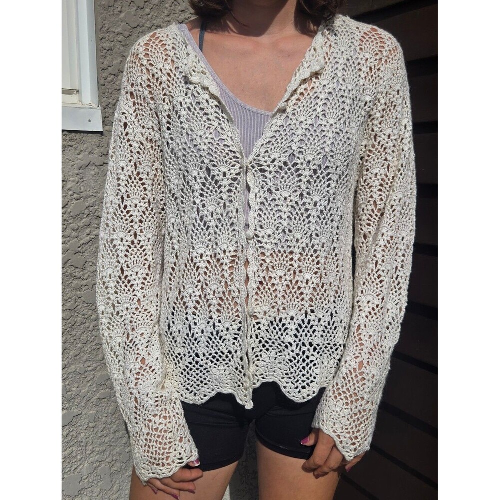 Women's Vintage 90d Lace Crochet Sheer Dainty Cardigan Large